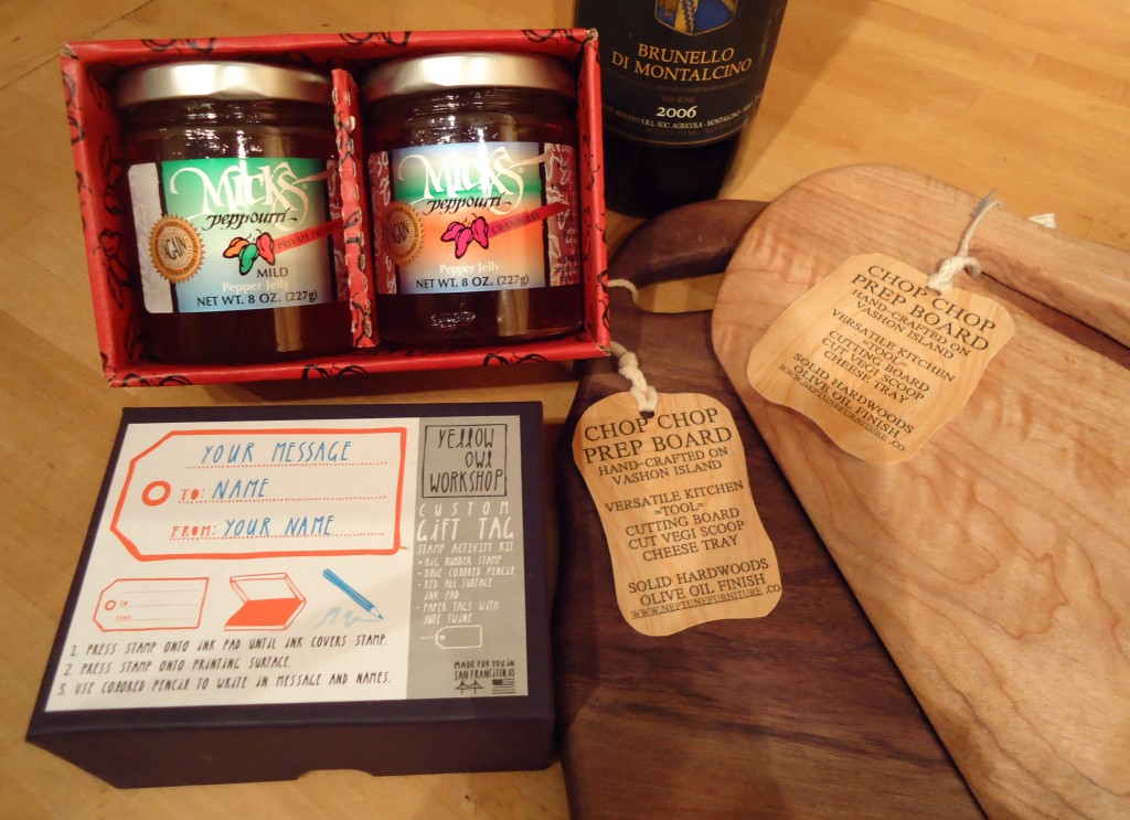 Hostess Gifts: Mick's Jam from Pike's Market, wine, Cutting boards from Pike's Market