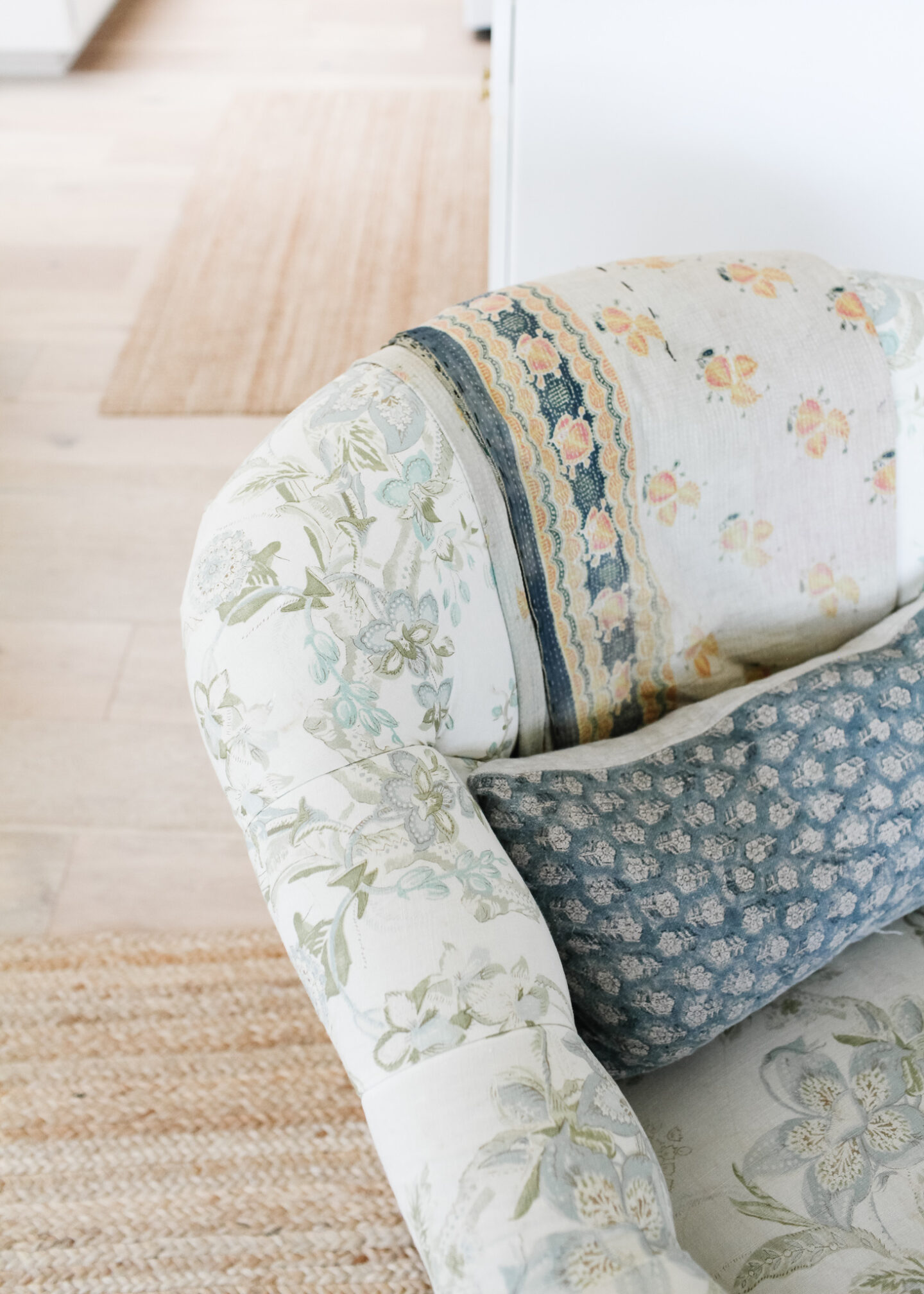 floral chair with Kantha living room