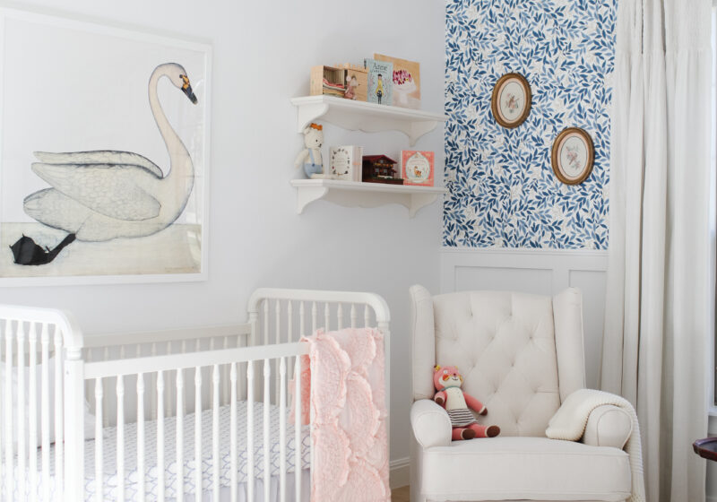 Baby girl nursery. wall decor, bedding, curtains, rugs, furniture, wallpaper, wainscoting, toys, art.